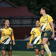 The Matildas, Australia's national women's football team AusChi3 - LogarzoKerrGielnikCelebrate (51556664139).jpg