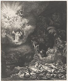 No canto inferior direito, os pastores ficam maravilhados ou correm atrás de suas ovelhas assustadas enquanto os anjos aparecem no meio de uma clareira no céu escuro, no canto superior esquerdo.
