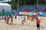 Deutsch: Beachhandball Europameisterschaften 2019 (Beach handball Euro); Tag 2: 3. Juli 2019 – Frauen, Vorrunde Gruppe C, Spanien-Griechenland 2:1 (12:20, 18:16; 8:2) English: Beach handball Euro; Day 2: 3 July 2019 – Women Preliminary Round Group C – Spain-Greece 2:1 (12:20, 18:16; 8:2)