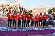 Deutsch: Beachhandball bei den Olympischen Jugendspielen 2018 in Buenos Aires; Tag 7, 13. Oktober 2018; Medaillenzeremonie Mädchen - Gold: Argentinien, Silber: Kroatien, Bronze: Ungarn English: Beach handball at the 2018 Summer Youth Olympics in Buenos Aires at 13 October 2018 – Medal Ceremony Girls - Gold: Argentina, Silver: Croatia, Bronze: Hungary Español: Handball de playa en los Juegos Olimpicos de la Juventud Buenos Aires 2018 en 13 de octubre de 2018 – Medalla Ceremonia para niñas - Oro: Argentina, Plata: Croacia, Bronce: Hungría