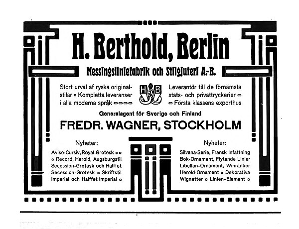 A 1905 advertisement for Berthold in a Swedish printing journal, offering Royal-Grotesk, later branded as the light weight of Akzidenz-Grotesk, for sa