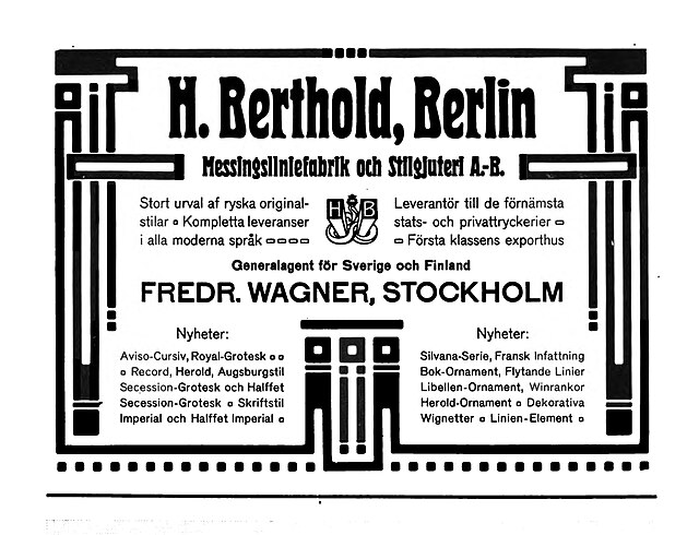 A 1905 advertisement for Berthold in a Swedish printing journal, showcasing its Herold typeface