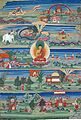 Mural dos séculos XVIII e XIX em Phajoding Gonpa, em Thimphu, no Butão, representando episódios das encarnações anteriores de Buda