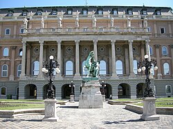 Budapest, Royal Palace Complex, Hungarian National Gallery "B" Wing from the Hunyadi Courtyard and the Horse Wrangler Statue.jpg