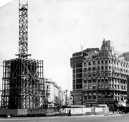 Construction of the Obelisk of Buenos Aires on the 9 de Julio Avenue, 1936.