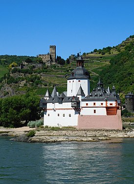 Pfalzgrafenstein Castle (also known as the Pfalz) is located on a rock island in the river Rhine nearby Kaub, Germany.
