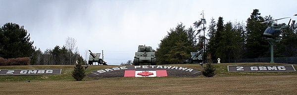 A sign for 2 Canadian Mechanized Brigade Group at the entrance to CFB Petawawa. The Mechanized Brigade Group is one of three maintained by the Regular