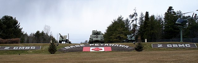 A sign for 2 Canadian Mechanized Brigade Group at the entrance to CFB Petawawa. The Mechanized Brigade Group is one of three maintained by the Regular