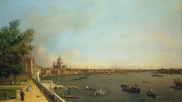 18th-century view of river traffic in Canaletto's painting The Thames from Somerset House Terrace towards the City (1751)