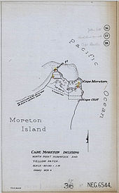 1927 Plan of the northern tip of Moreton Island, showing the locations of Cape Moreton Light, North Point Light and Yellow Patch Light Cape Moreton - Plan Including North Point Hummock and Yellow Patch, 1927.jpg