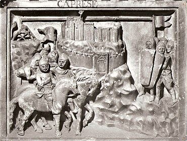 Panel from Guido Tarlati's tomb representing the capture of the castle of Caprese. CenotafioGuidoTarlatiparticolare.jpg