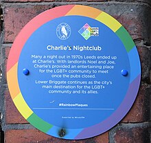 Plaque on Queen's Court Charlie's Nightclub Rainbow Plaque.jpg