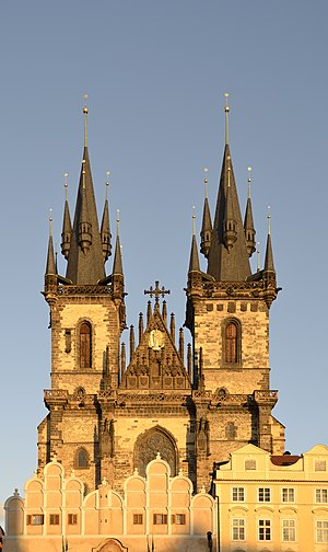 The towers of the Church of Our Lady in front of Týn as seen from the Old Town Square in Prague