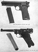 コルトM1905と45口径型ルガーP08。1907年のアメリカ軍の正式採用拳銃トライアルに参加した際のもの