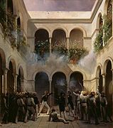 Les forces de Joinville investissent par surprise l’état-major mexicain alors que les gardes tentent de réagir. (Pharamond Blanchard, 1843)