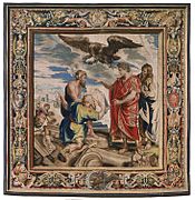 Workshop of Filippe Maëcht and Hans Taye. Constantine Directing the Building of Constantinople , 330. 1623-1625. wool, silk, gold and silver. 484 × 480 cm (15.8 × 15.7 ft). Philadelphia, Philadelphia Museum of Art.