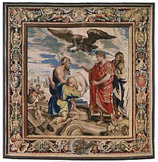 Workshop of Filippe Maëcht and Hans Taye. Constantine Directing the Building of Constantinople , 330. 1623-1625. wool, silk, gold and silver. 484 × 480 cm (15.8 × 15.7 ft). Philadelphia, Philadelphia Museum of Art.