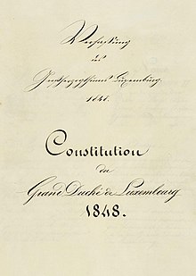 Cover page of the 1848 Constitution Constitution du Grand Duche de Luxembourg 1848 Cover page.jpg