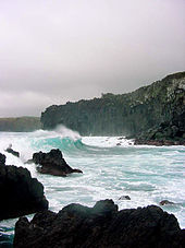 A view of the Bay of Pombas, during a stormy day, on the island of Terceira