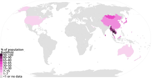 Percentage of Buddhists by country, according to the Pew Research Center. Countries by percentage Buddhist-Pew Research 2010.svg