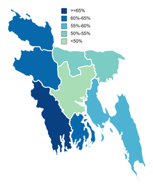 Map of Bangladesh showing the percentage of the population vaccinated with at least one dose by division Covid-19 Vaccination Rate.png