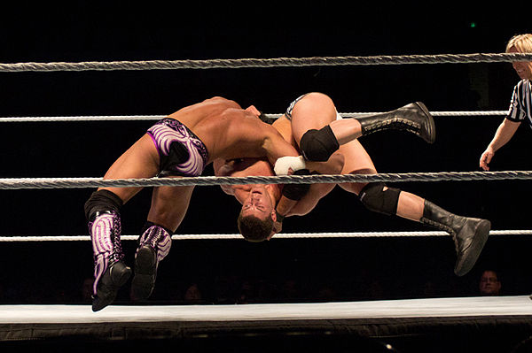 Cody Rhodes performing the Cross Rhodes (Rolling cutter) on Justin Gabriel