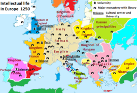 A map of medieval universities and major monasteries with library in 1250 Culture of Europe in 1250.png