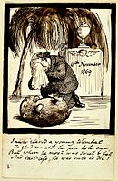 Rossetti lamenting the death of his wombat label QS:Len,"Rossetti lamenting the death of his wombat" label QS:Lpl,"Rossetti opłakujący śmierć swojego wombata" 6 November 1869. pen on paper medium QS:P186,Q165447;P186,Q11472,P518,Q861259 . 17.9 × 11.3 cm (7 × 4.4 in). London, British Museum.