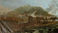 The siege of San Sebastian, where the 2nd battalion lost 17 of its 22 officers and almost half the other ranks in August 1813, by Denis Dighton Denis Dighton Storming of San Sebastian.jpg