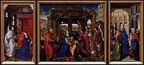 罗希尔·范德魏登的《圣科隆巴祭坛画（英语：Saint Columba Altarpiece）》，中联138 × 153cm，两侧138 × 70cm，约作于1455年，来自布瓦塞雷的收藏[13]