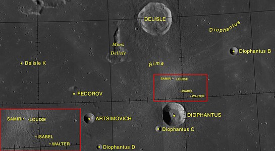 Imatge de Lunar Orbiter 4. Les fletxes marquen la posició de Walter