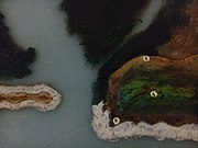 Diorama of Breach Candy area of pre-Colonial islands of Bombay (right) and Worli (left), marking grove of kamal (giving Cumbala Hill its name) (4); shrine of Mahalaxmi, Mahasaraswati, and Mahakali (5); and brab trees (6), from the Dr Bhau Daji Lad Museum, Mumbai