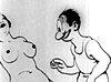 Eine Zeichnung mit schwarzem Stift zeigt eine nackte Frau und einen Mann mit großer Nase, der ihr auf die Brüste schaut