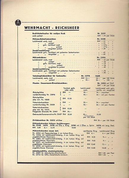 File:F.W. Assmann & Söhne Lüdenscheid 000 Uniformköpfe Abzeichen. Uniform insignia catalog Nazi Germany 1930s WEHRMACHT REICHSHEER Hoheitsabzeichen Totenkopf Mützenkranz Kokarden etc. No known copyright. CC BY-SA.jpg