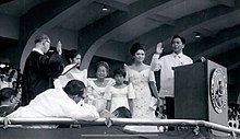 Ferdinand Marcos takes the Oath of Office for a second term before Chief Justice Roberto Concepcion on December 30, 1969. Ferdinand Marcos 1969 Inaugural.jpg