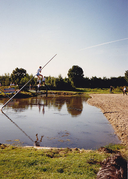 Traditional fierljeppen in the Netherlands, using poles to clear "horizontal distances" over rivers