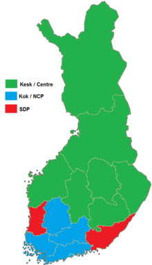 Largest party by constituency:
National Coalition Party
Centre Party
Social Democratic Party Finnish municipal elections, 2008 result by constituency.png