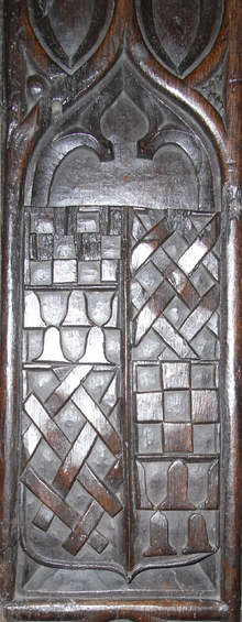 Arms of Fleming quartering Bellew, bench-end, St. Branock's Church, Braunton FlemingQuarteringBellew StBranock'sChurch Braunton Devon.PNG