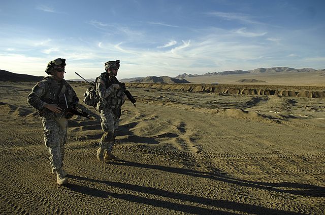 Troops from the 3rd Infantry patrol the California desert during a training mission.