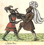 Foot combat between Freydal and Claude de Vaudry (Freydal ms. fol. 39, KMW) Freydal 05.jpg