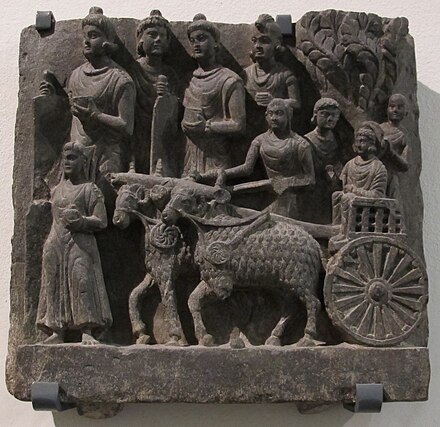 Siddharta driven to school in a cart, Gandharan.