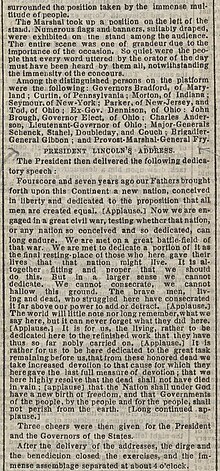 The November 20, 1863 article in The New York Times covering the event reports that Lincoln's speech was interrupted five times by applause and was followed by "long continued applause". Gettysburg Address, New York Times.jpg
