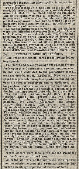 The New York Times article from November 20, 1863, indicates Lincoln's speech was interrupted five times by applause and was followed by "long continued applause". Gettysburg Address, New York Times.jpg