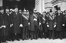 The members of Primo de Rivera's Civil Directory in December 1925. In the front row, from left to right, Eduardo Callejo (Public Instruction), Jose Yanguas (State), Jose Calvo Sotelo (Treasury), Severiano Martinez Anido (Interior), Miguel Primo de Rivera (President), Count of Guadalhorce (Development), Honorio Cornejo (Navy) and Eduardo Aunos (Labor). Gobierno-primorivera.jpg