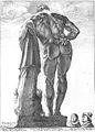 Hércules Farnese, por Goltzius, 1592. La escultura original, de Lisipo (siglo IV a. C.) habría tenido tres versiones, siendo esta la Farnese-Pitti. La Farnese, hallada hacia 1545 en las Termas de Caracalla, es una copia firmada por el ateniense Glikón, y se puede datar a comienzos del sigo III d. C. La Pitti se encontró en el Palatino hacia 1540.[80]