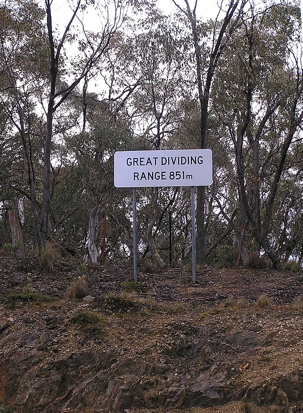 Great Dividing Range sign on the Kings Highway between Braidwood and Bungendore, New South Wales