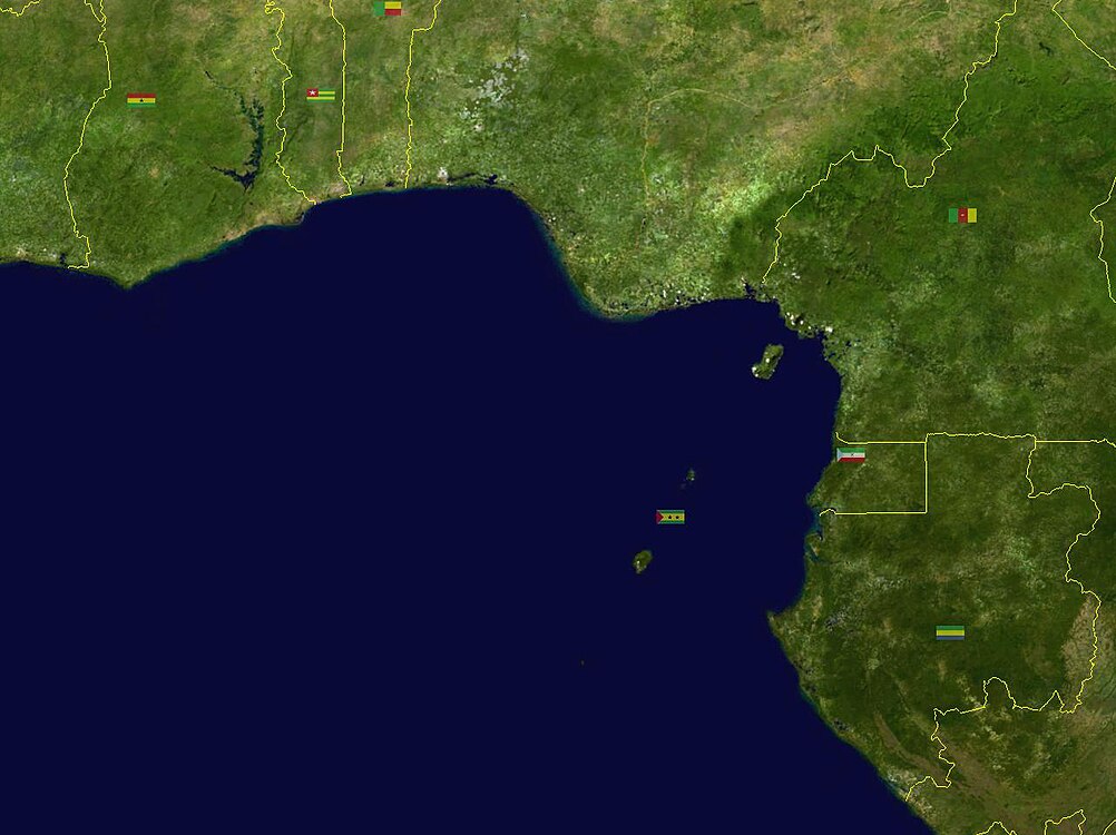 Satellite imagery of the Gulf of Guinea showing borders of states on its shores