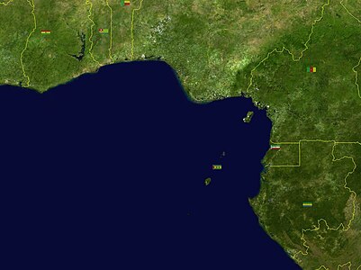 Imej satelit Teluk Guinea serta sempadan-sempadan negara di pesisirnya.