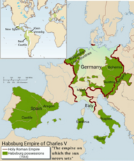 On the left: Portrait of Charles V by Titian.On the right: The empire of Charles V at its peak after the Peace of Crépy in 1544.