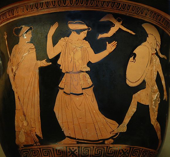 Helen and Menelaus: Menelaus intends to strike Helen; captivated by her beauty, he drops his sword. A flying Eros and Aphrodite (on the left) watch the scene. Detail of an Attic red-figure krater c. 450–440 BC (Paris, Louvre)